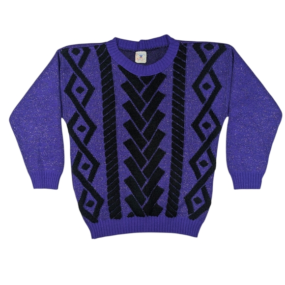 Vintage Sweaters - Vintage purple/metallic sweater W black geometric. Centennial Knits Ltd. Lg